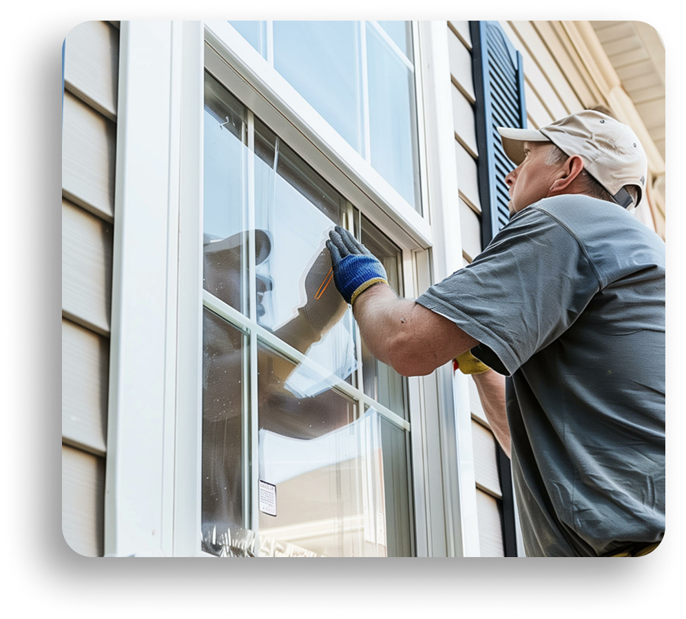 A person wearing gloves and a cap installs or repairs a window on the exterior of a North Texas house, using a tool to adjust the window frame.