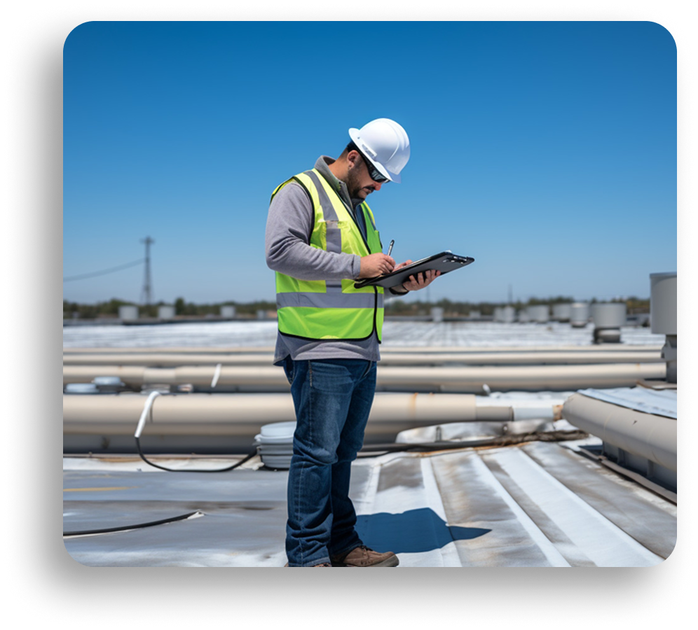 A construction worker in a hard hat and reflective vest stands on a North Texas rooftop, writing on a clipboard under a clear blue sky, with pipes and vents nearby—perfectly capturing the demands of commercial roofing and repair.