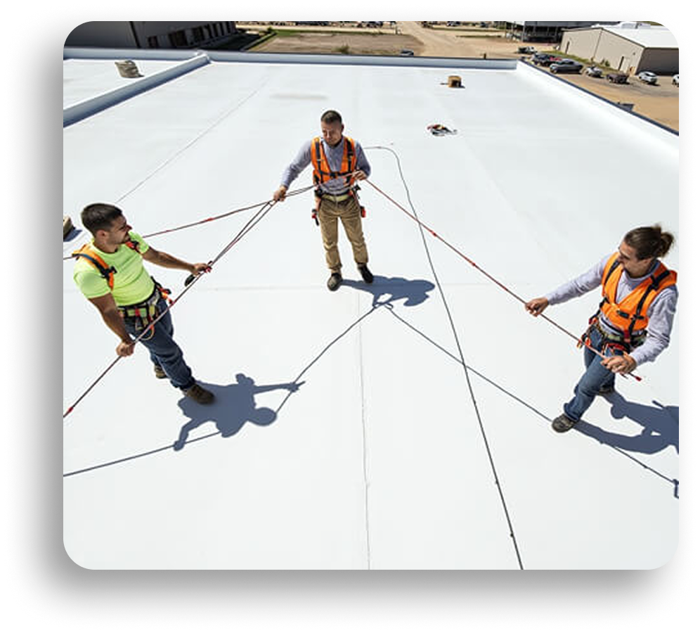 Three workers wearing safety harnesses stand on a flat rooftop, each holding safety lines connected to a central anchor point. They appear to be discussing or inspecting residential roofing safety procedures in North Texas.