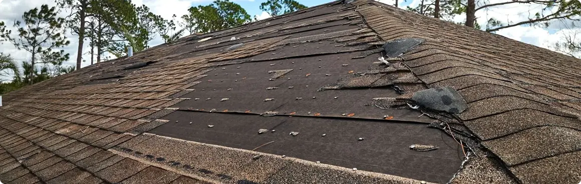 A house roof in North Texas with missing and damaged shingles exposes the underlayment. Some shingles are loose or torn, and nails are visible. Trees and a partly cloudy sky are in the background—ideal for roofing repair or commercial roofing needs.