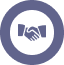 A dark blue icon of two hands shaking inside a solid dark blue circle, symbolizing agreement or partnership in Residential Roofing, on a light background.